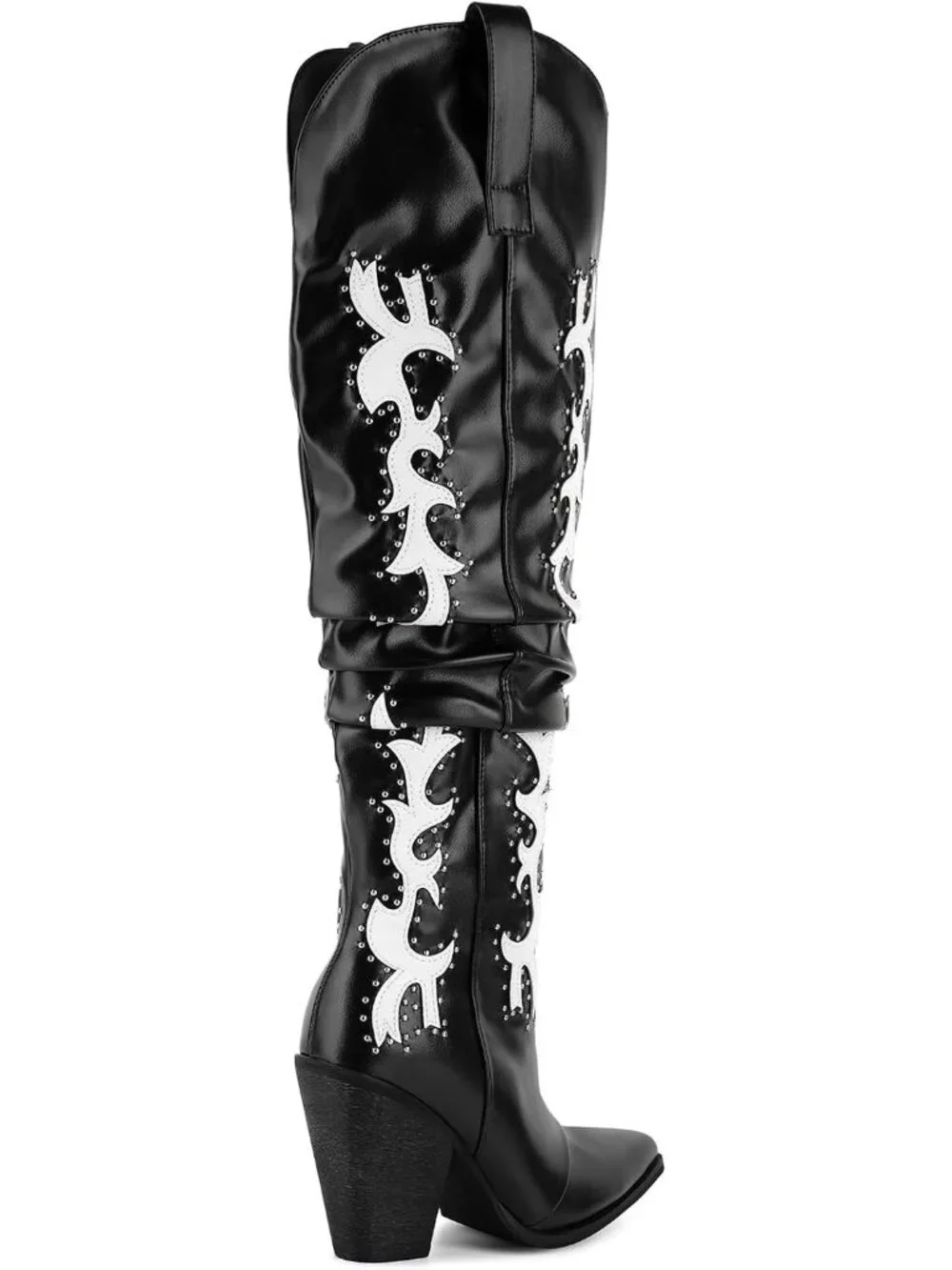 Women's Black Pointed Toe Platform Studded Slouch Cowgirl Over The Knee Boots